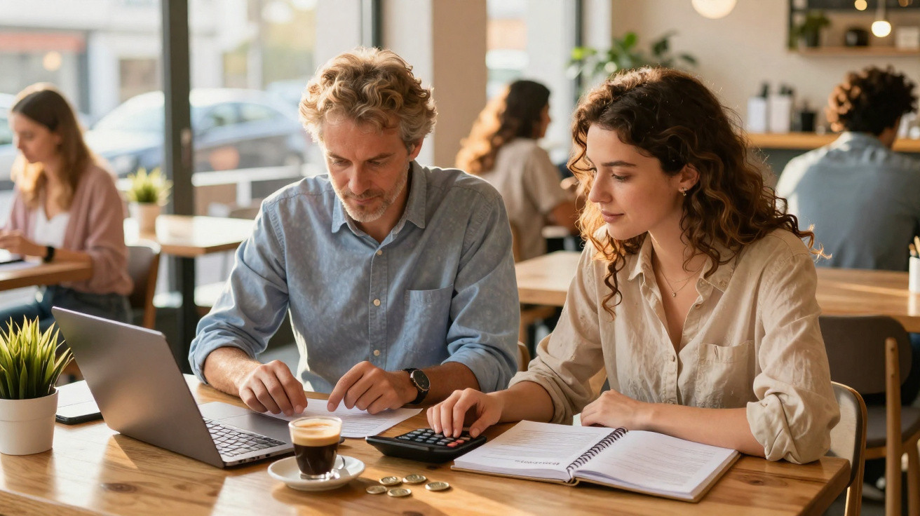 Duas pessoas sentadas numa mesa a analisar moedas, documentos e a usar uma calculadora num ambiente de escritório.