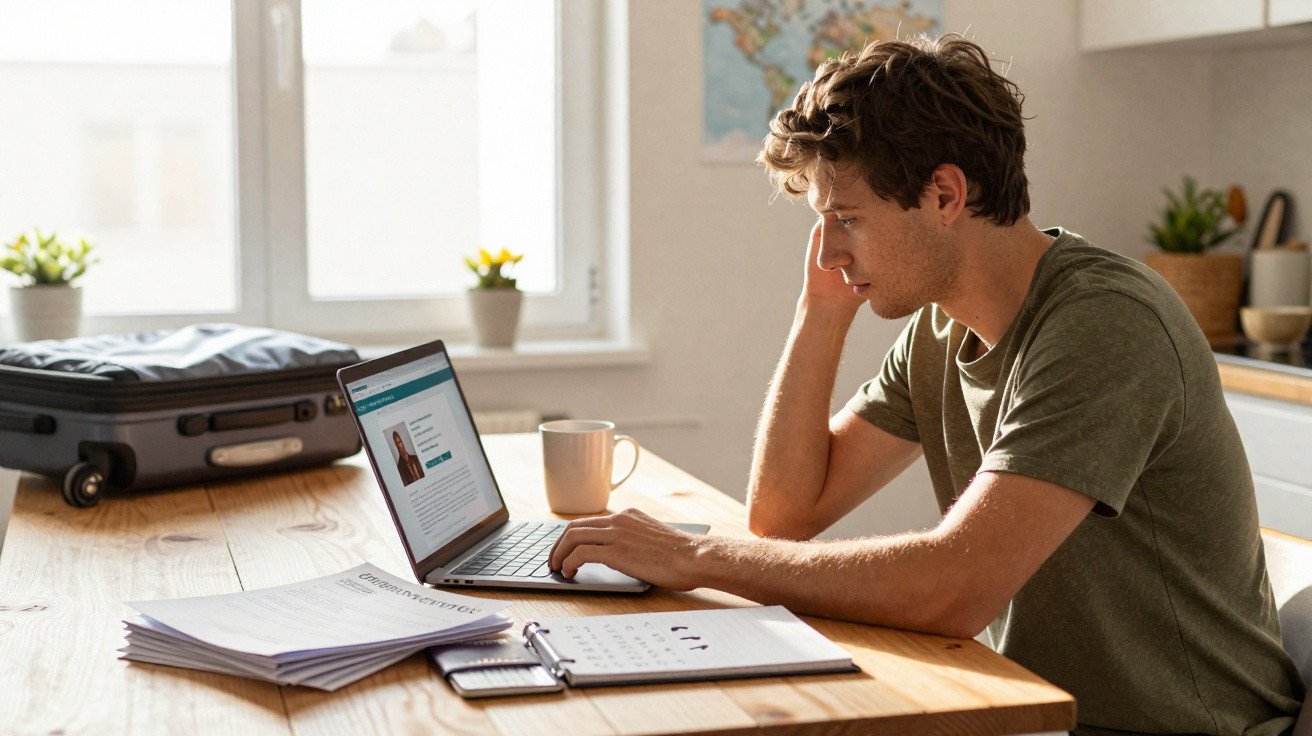 Jovem sentado à mesa a estudar com laptop, documentos, passaporte e caderno na cozinha acolhedora.
