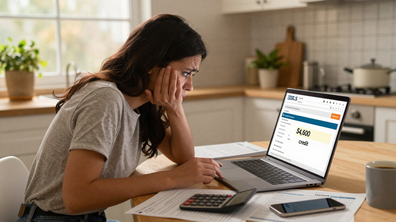 Mulher preocupada a usar computador portátil com calculadora, telemóvel e documentos numa mesa na cozinha.