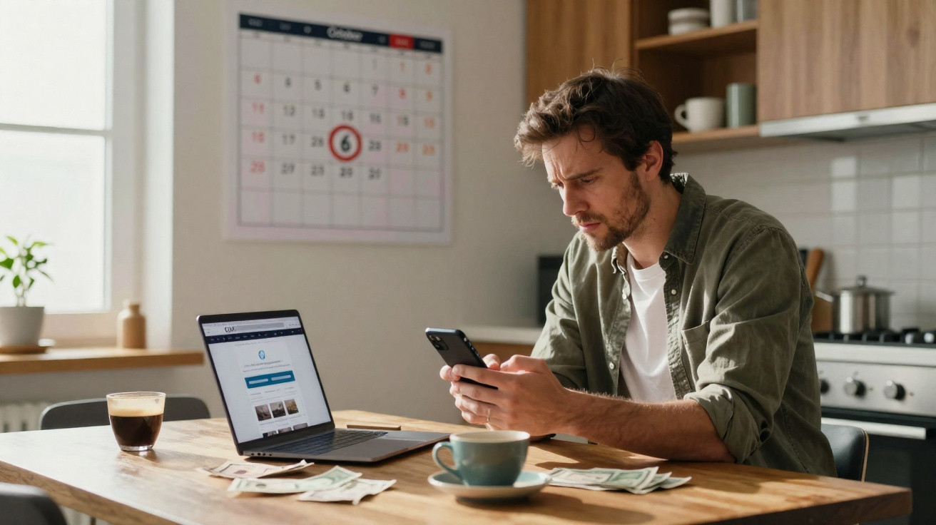 Homem com expressão preocupada consulta o telemóvel numa cozinha, com laptop, documentos e dinheiro na mesa.