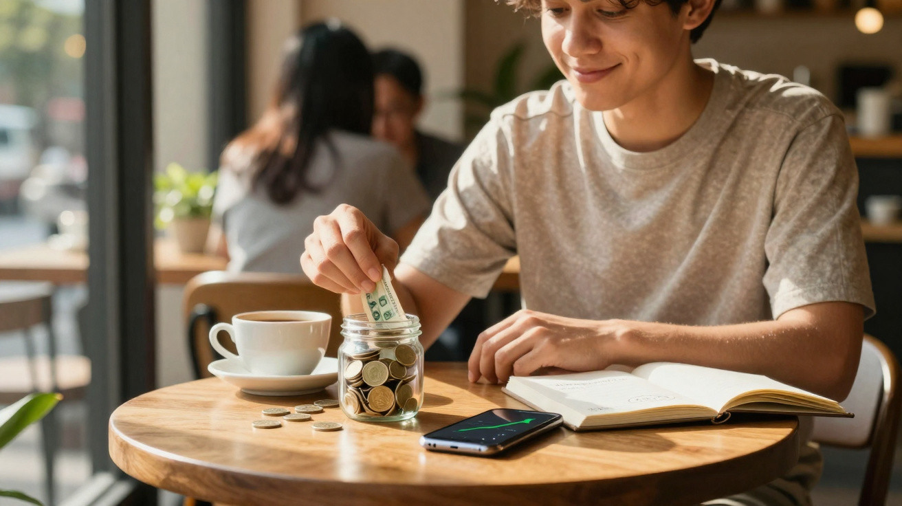 Pessoa jovem a guardar dinheiro numa jarra, com um telemóvel, caderno e chávena de café numa mesa de madeira.