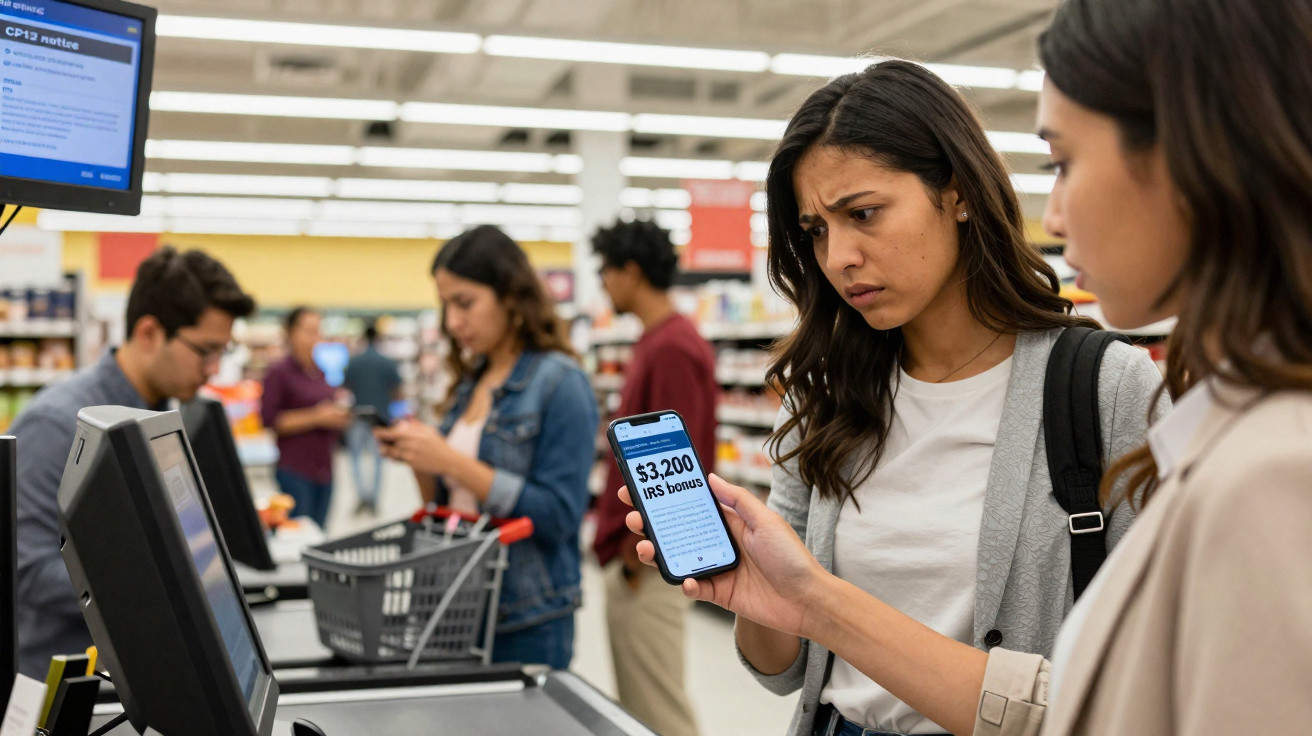 Jovem mostra ecrã de telemóvel com saldo de $3.200 USD a mulher na caixa de supermercado.