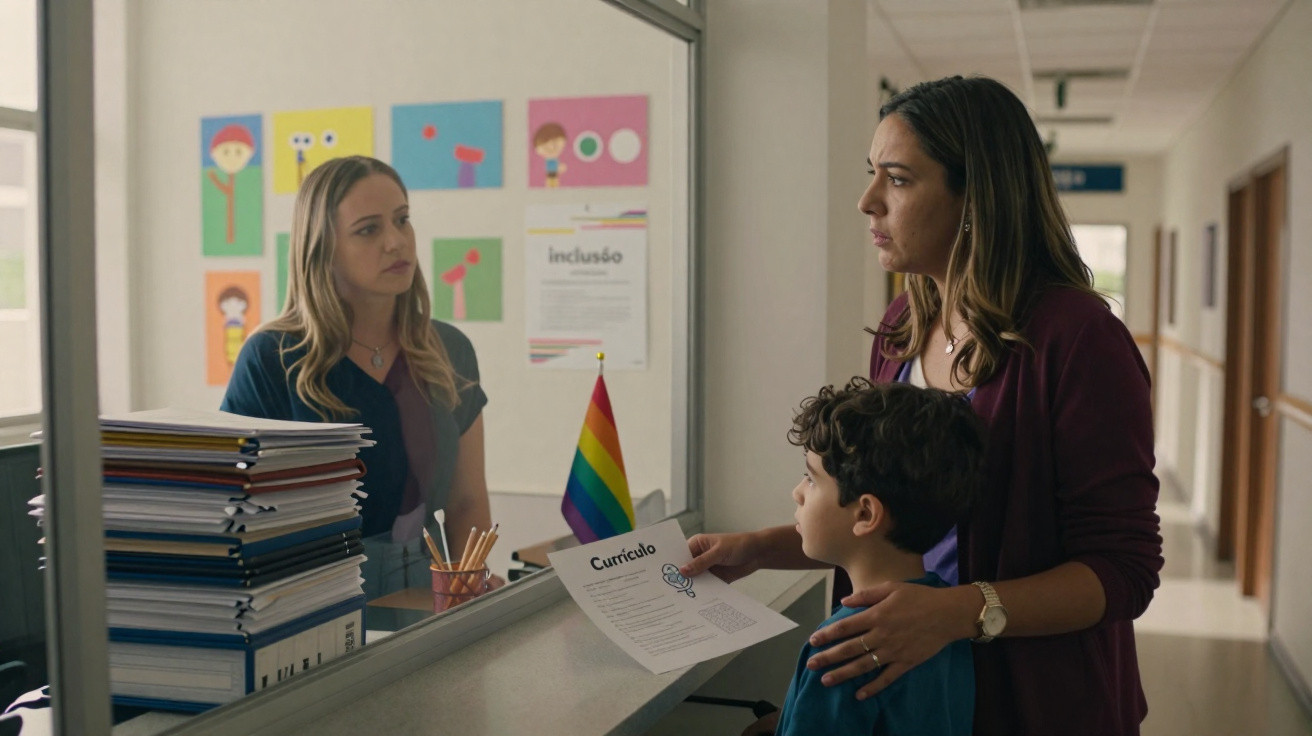Mãe e filho conversam com funcionária na receção de uma escola, com bandeiras e cartazes no fundo.