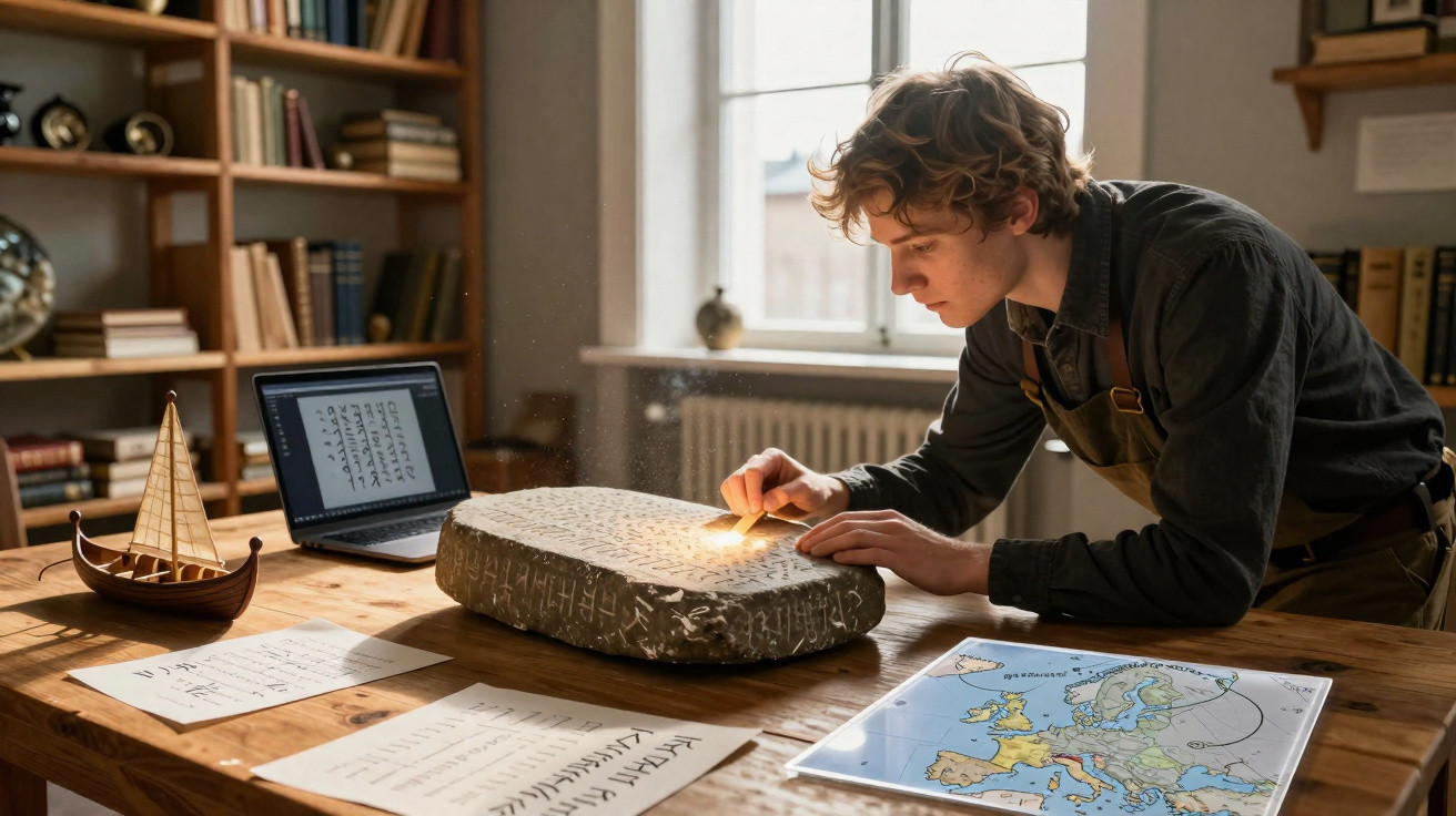 Jovem examina pedra rúnica iluminada em mesa com mapa da Europa, modelo de barco viking e portátil.