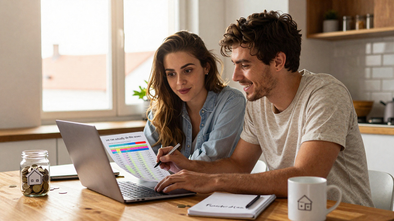 Casal jovem sentado à mesa com computador e caderno a planear orçamento para fundo da casa.