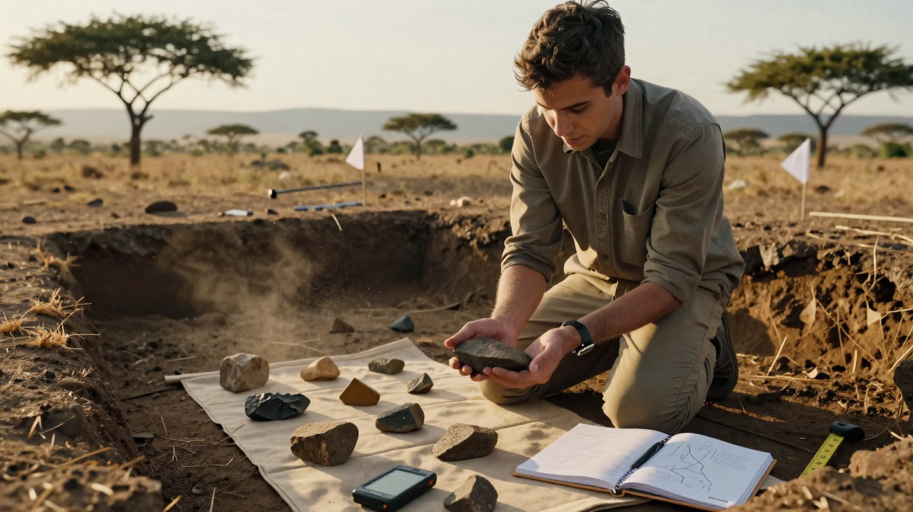 Jovem arqueólogo faz escavação num sítio arqueológico ao ar livre com ferramentas e desenhos.