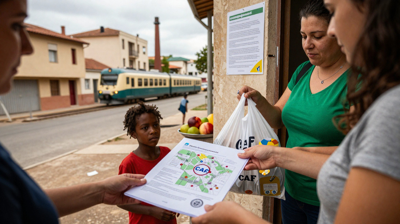 Mulher a receber mapa colorido de líder comunitário numa paragem de elétrico com criança ao lado.