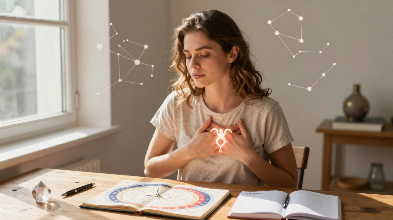 Mulher sentada a olhar para um gráfico astrológico com símbolos zodiacais brilhantes ao redor.