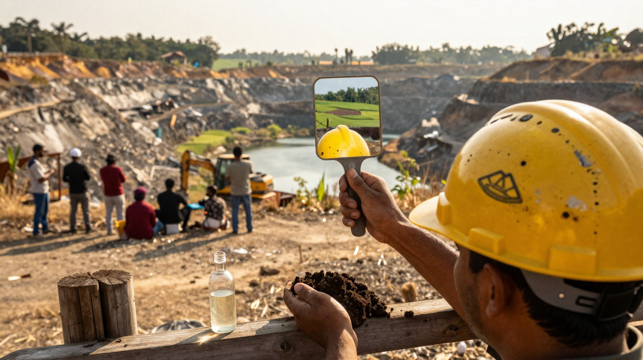 Homem de capacete amarelo segura espelho refletindo paisagem junto a grupo de trabalhadores em pedreira.