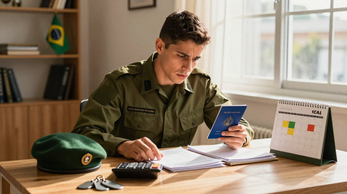 Militar brasileiro sentado a analisar documentos numa secretária com bandeiras do Brasil ao fundo.