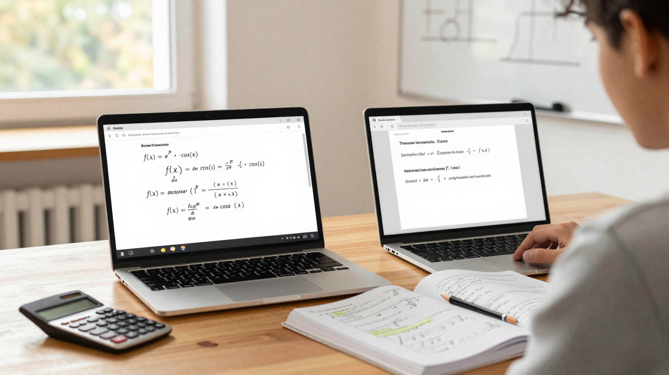 Pessoa a estudar matemática com duas portáteis e livros abertos numa secretária junto à janela.