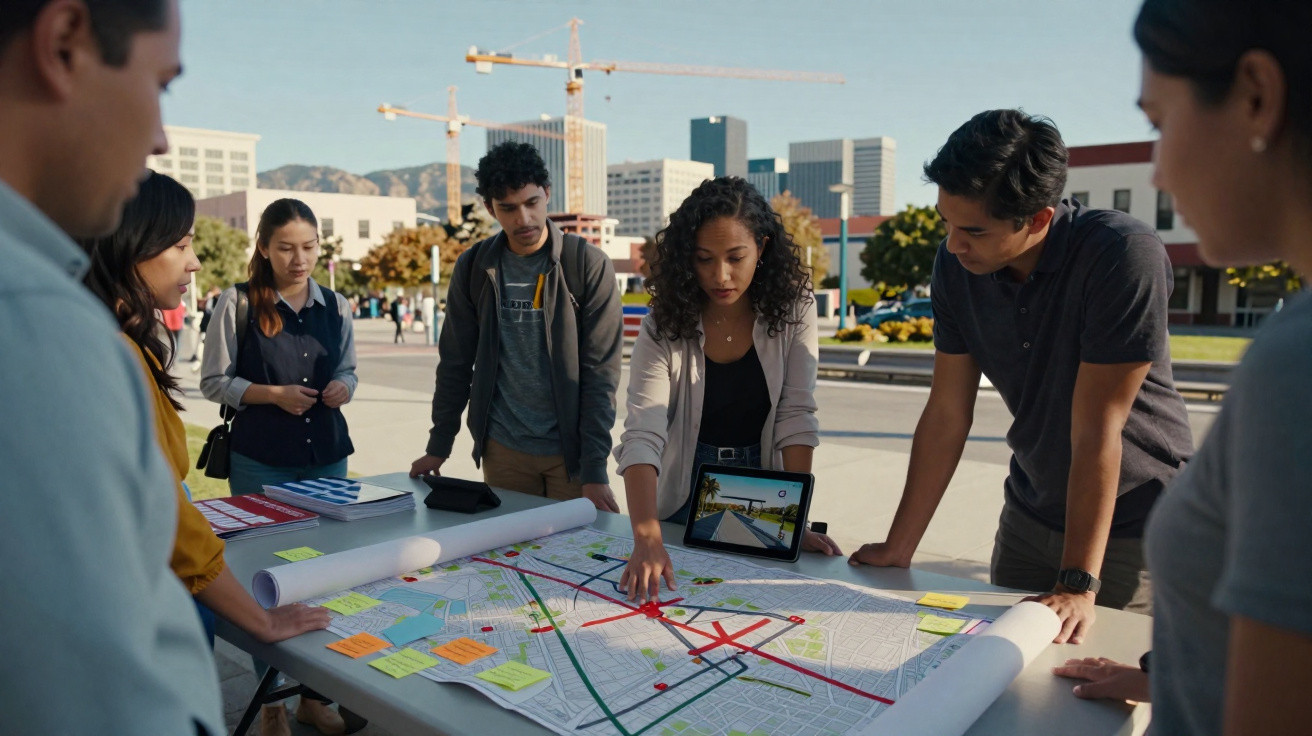 Grupo diversificado de jovens adultos a discutir um projeto urbano com mapa e tablet ao ar livre numa mesa.