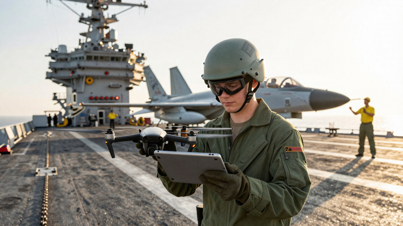 Militar com capacete controla drone numa base naval com avião de combate ao fundo.