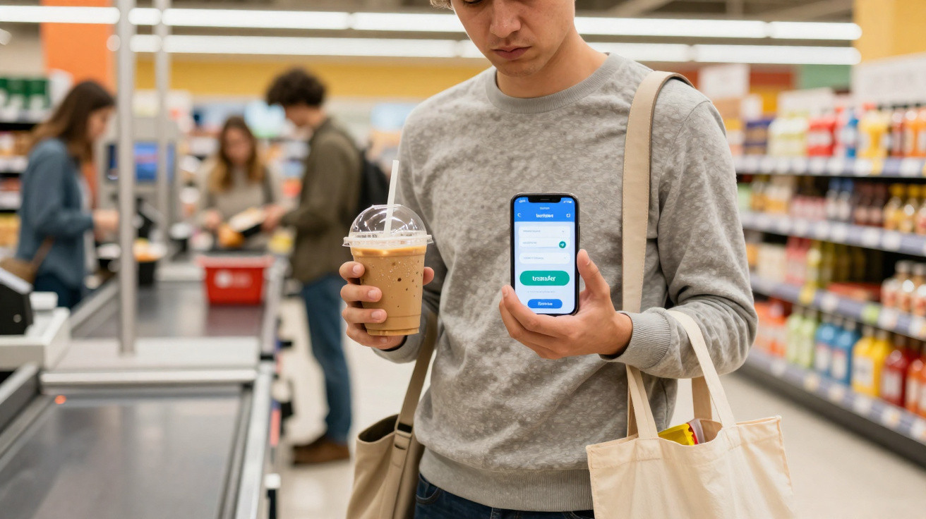 Homem com expressão preocupada segura bebida gelada e consulta telemóvel numa loja de supermercado.
