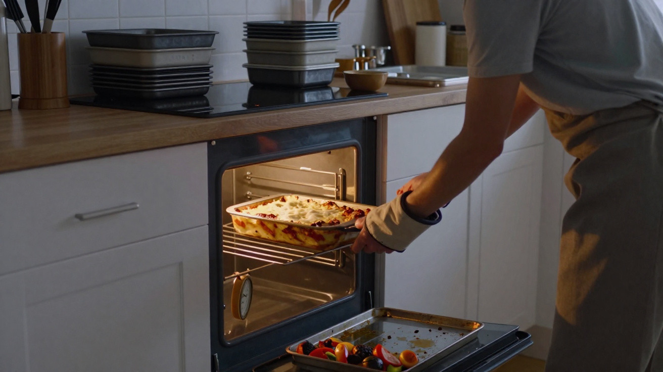Pessoa a colocar tabuleiro com lasanha no forno numa cozinha moderna e acolhedora.