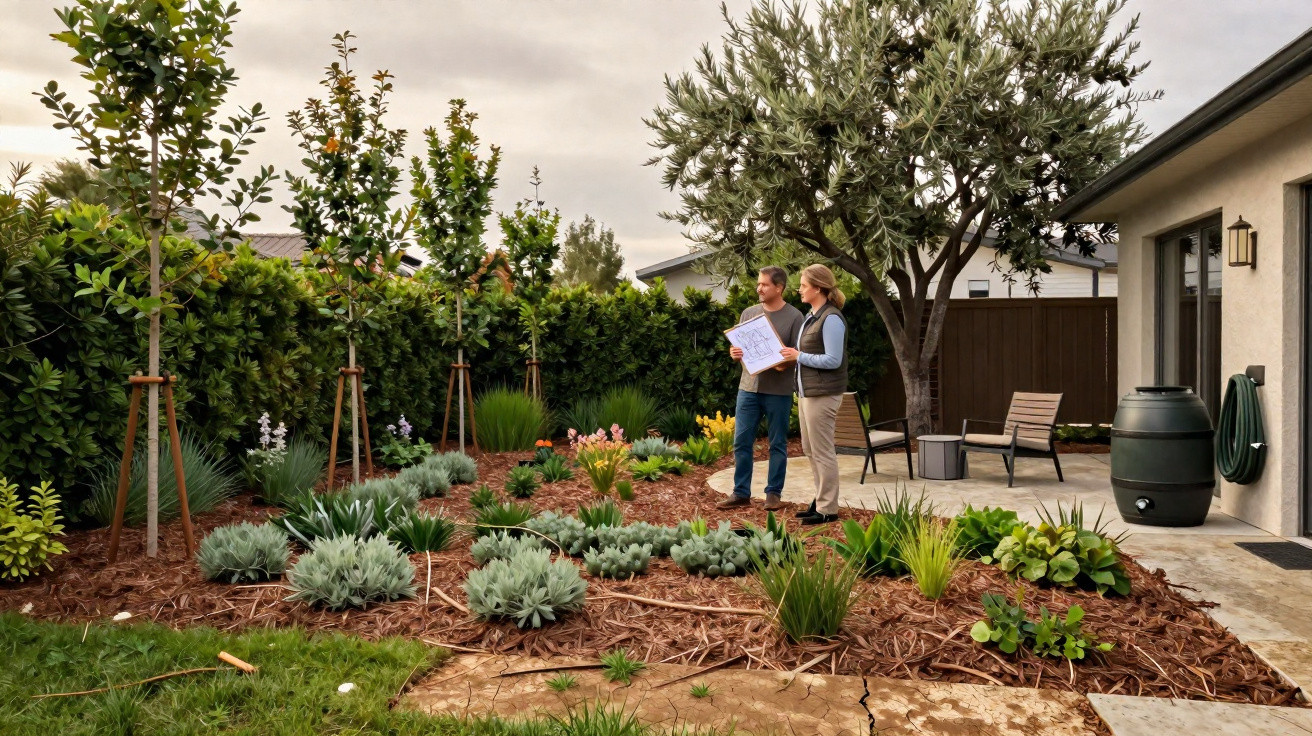Dois homens a analisar plantas e um projeto num jardim cuidado junto a uma casa moderna.