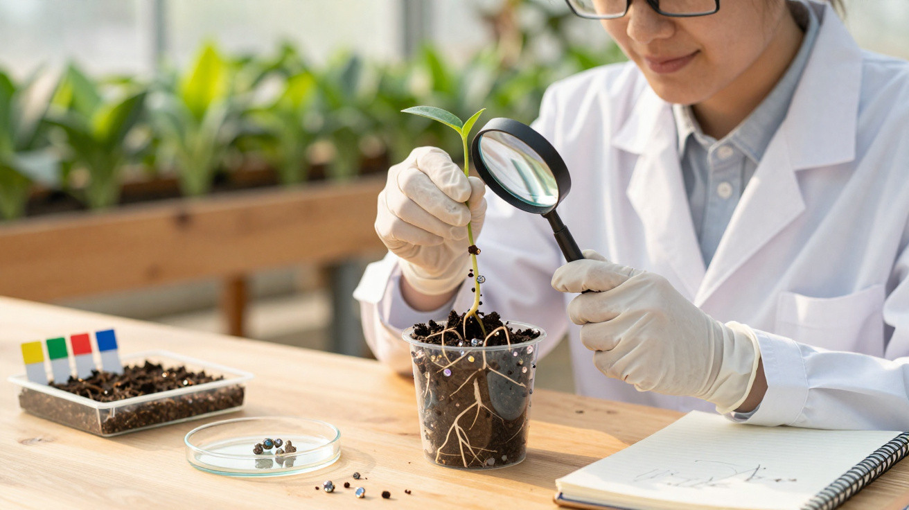 Cientista em laboratório examina planta jovem com lupa, usando bata branca e luvas de proteção.