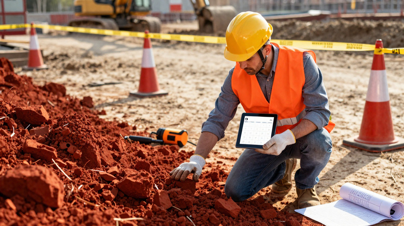 Trabalhador de construção com capacete e colete laranja analisa amostra de terra no local de obra.