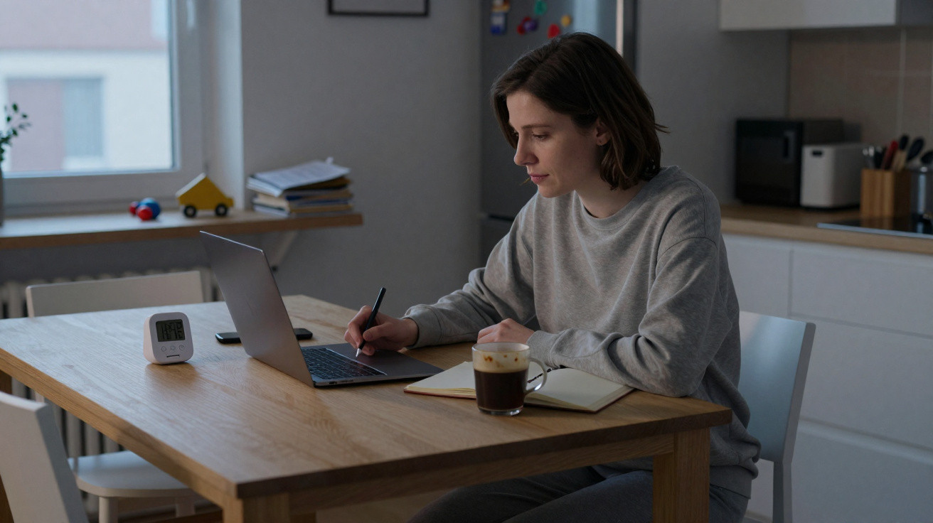 Mulher sentada numa cozinha moderna a estudar ou trabalhar no portátil com caderno e caneca numa mesa de madeira.