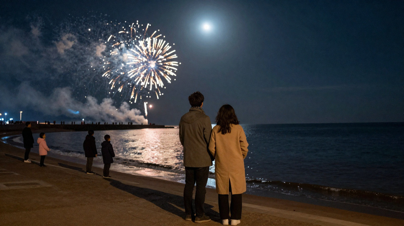 Pessoas contemplam fogo de artifício à beira-mar sob a luz da lua refletida na água durante a noite.