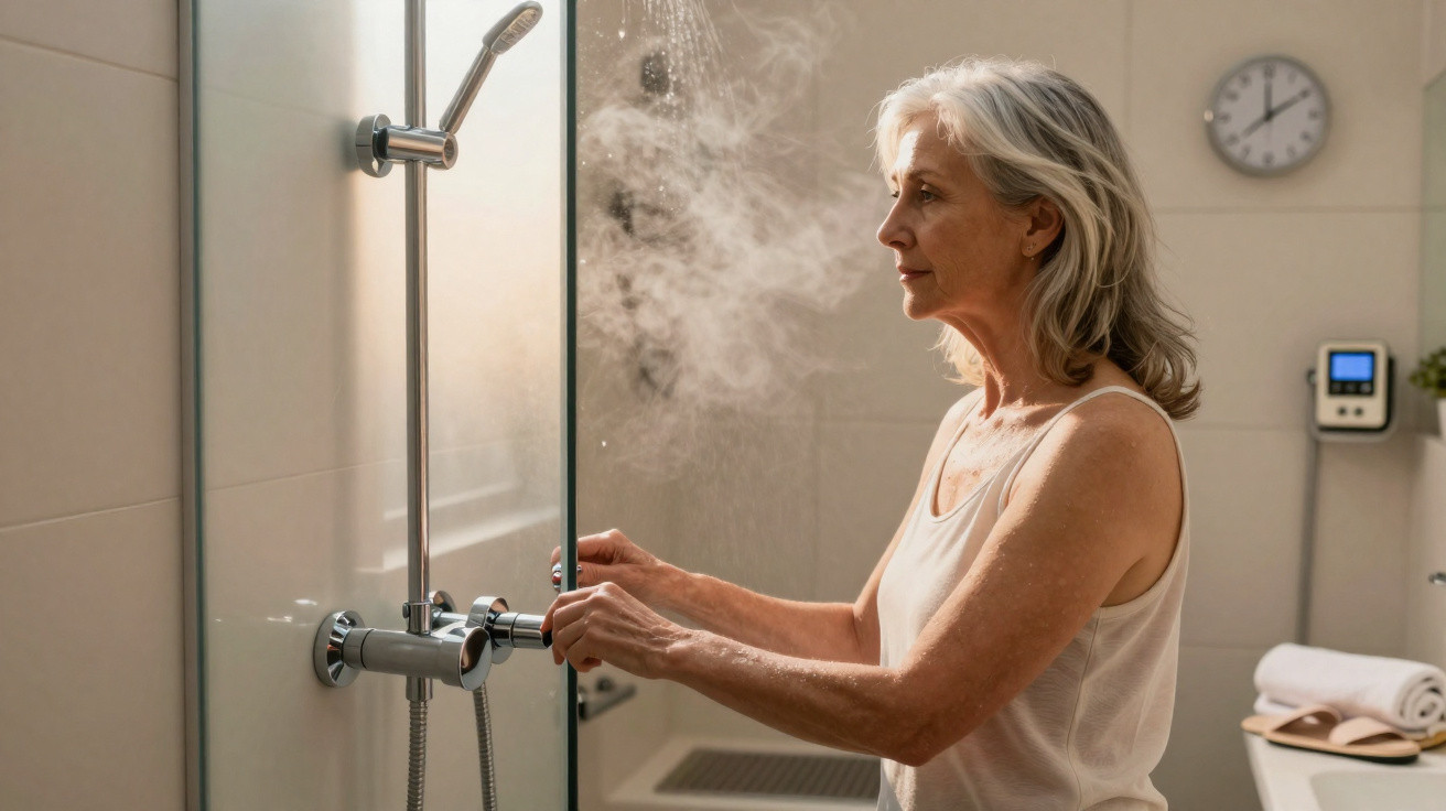 Mulher sénior ajusta chuveiro numa casa de banho moderna com vapor no ambiente.