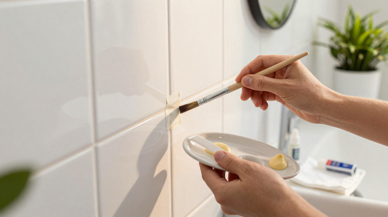 Mãos seguram pincel e paleta a pintar junta entre azulejos brancos numa parede iluminada.