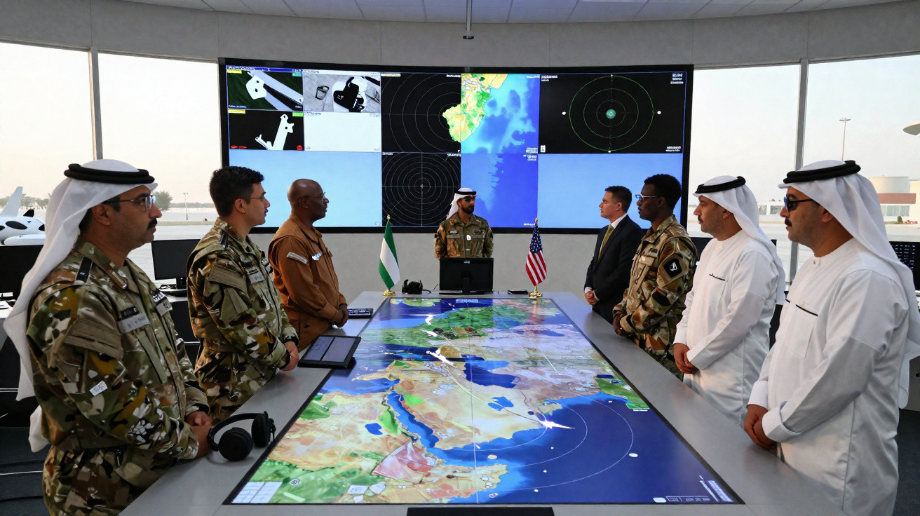 Militares e oficial em sala de comando com mapas digitais e ecrãs de monitorização estratégica ao fundo.