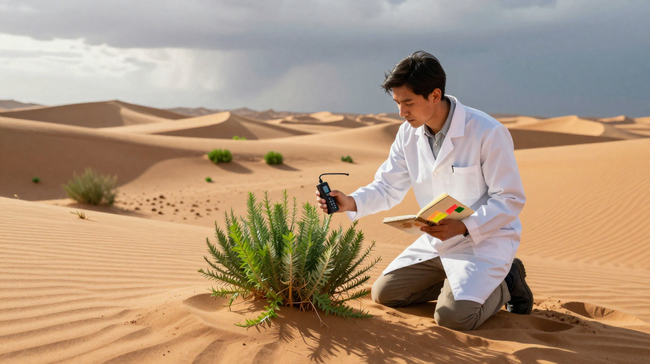 Homem de bata branca analisa planta com aparelho eletrónico no deserto de areia com céu nublado.