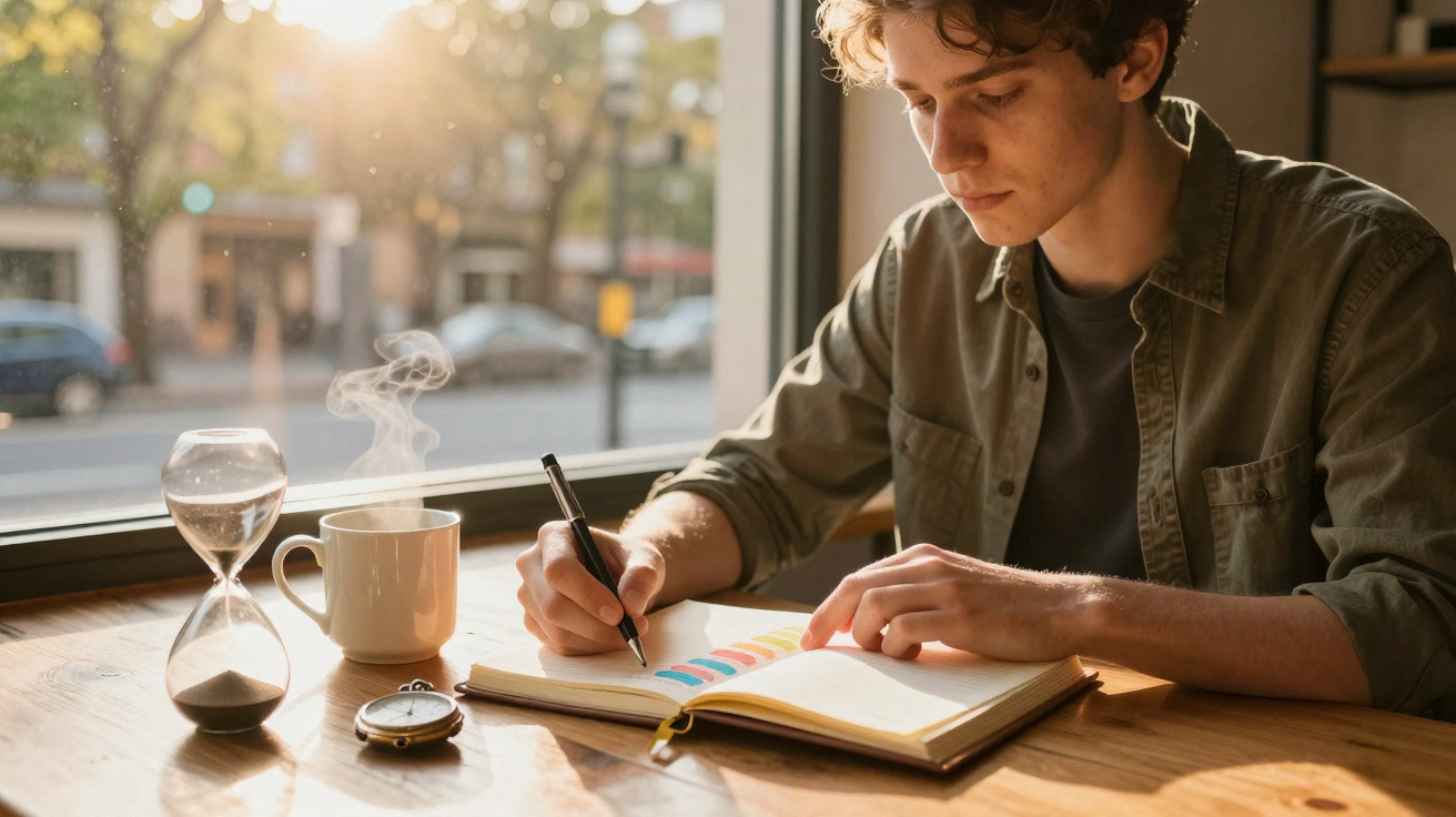 Jovem a escrever num caderno com chá quente e ampulheta na mesa junto à janela iluminada pelo sol.