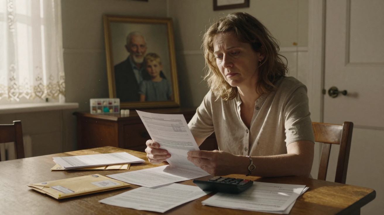 Mulher preocupada analisa contas e documentos sentada à mesa de madeira numa sala iluminada.