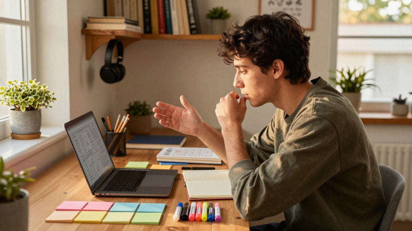 Jovem a estudar com computador portátil, cadernos e notas coloridas numa mesa de madeira luz natural.