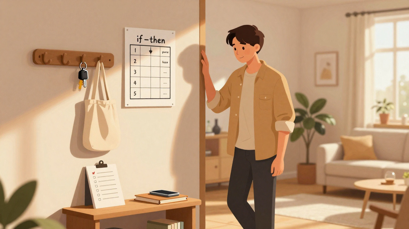 Ilustração de homem num corredor com parede contendo gancho de chaves, lista de tarefas e calendário.