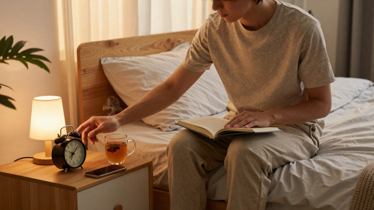 Pessoa sentada na cama a ler um livro, a acender uma lâmpada junto a um relógio e chá numa mesa de cabeceira.