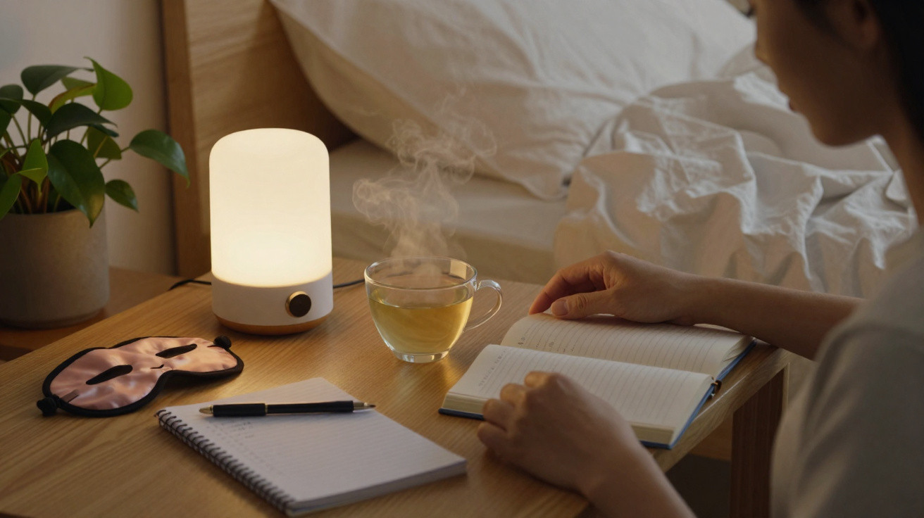 Pessoa a usar telemóvel junto a mesa com caderno, caneta, chá e candeeiro numa noite calma no quarto.