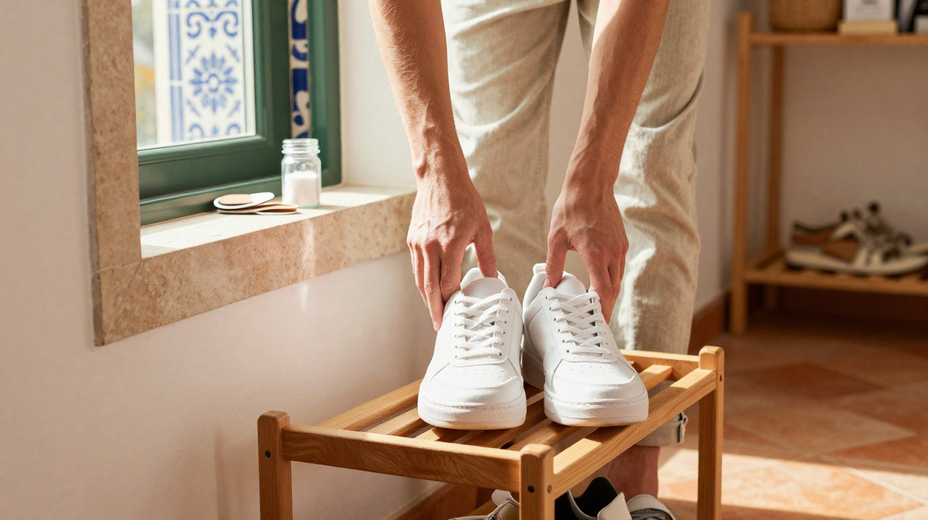 Pessoa a agarrar ténis brancos numa prateleira de madeira junto a uma janela com jarra pequena ao lado.