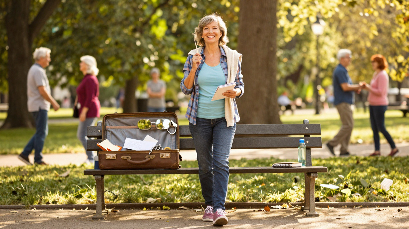 Mulher sorridente caminha num parque junto a banco com mala aberta, caderno e garrafa de água, com pessoas ao fundo.