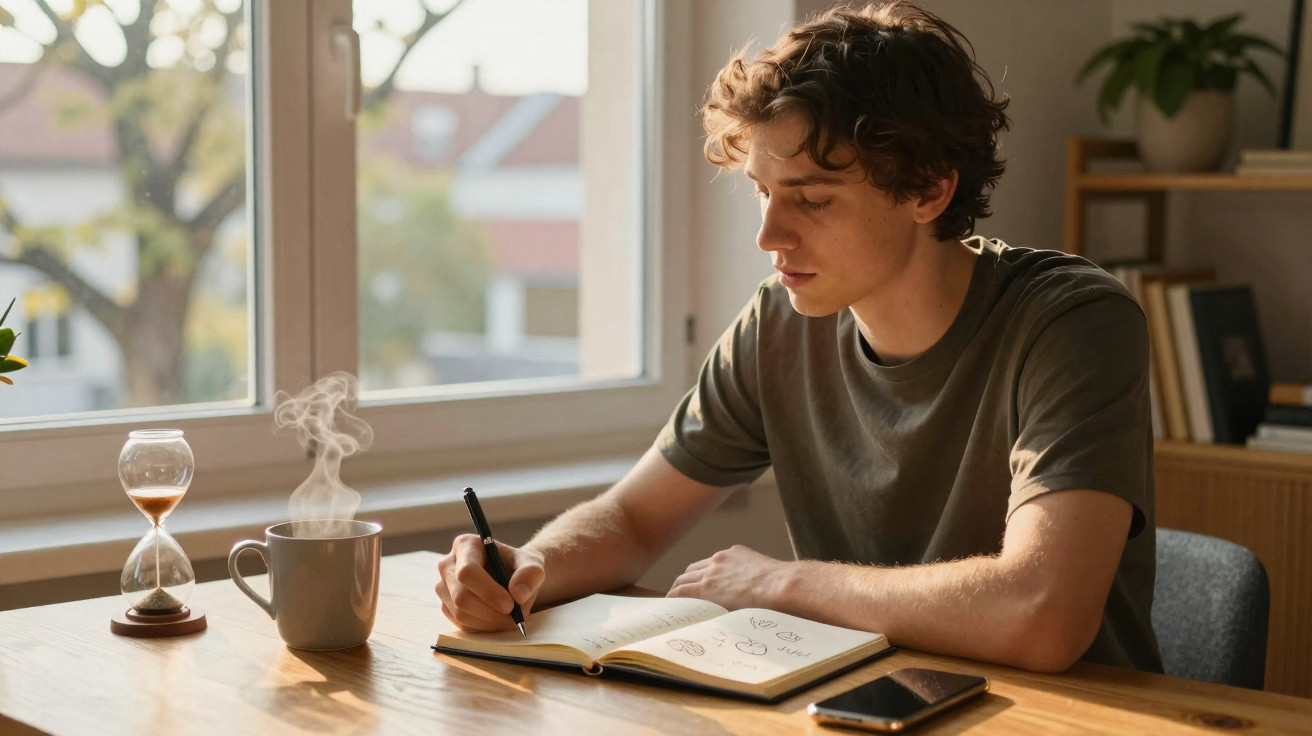 Jovem sentado a desenhar num caderno numa mesa de madeira com chá quente e ampulheta perto da janela.