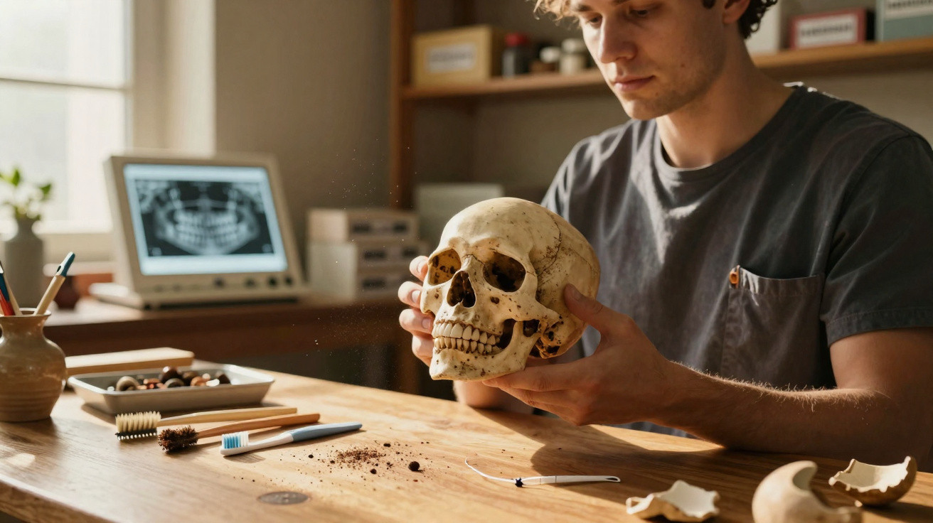 Jovem em roupa médica examina um crânio humano numa mesa com utensílios dentários e raio-x ao fundo.