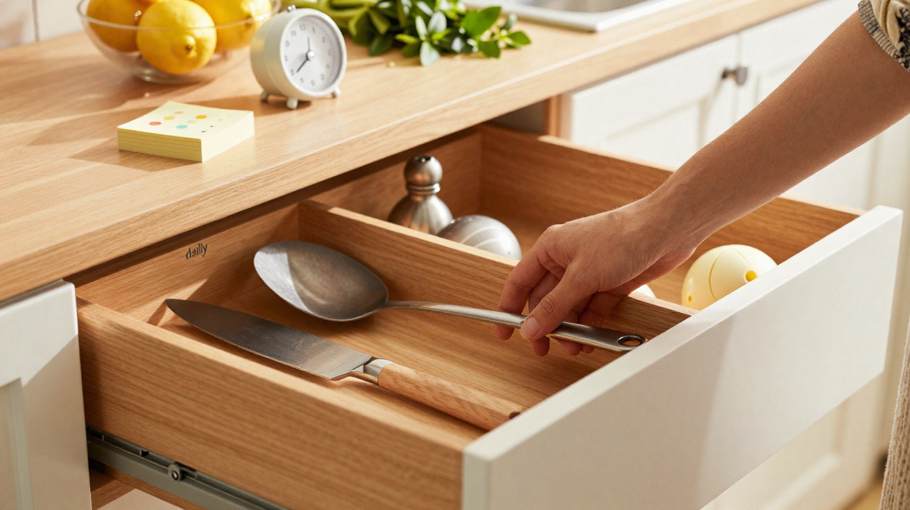 Mão a guardar espátula branca numa gaveta de cozinha de madeira com utensílios e limões em cima do balcão.