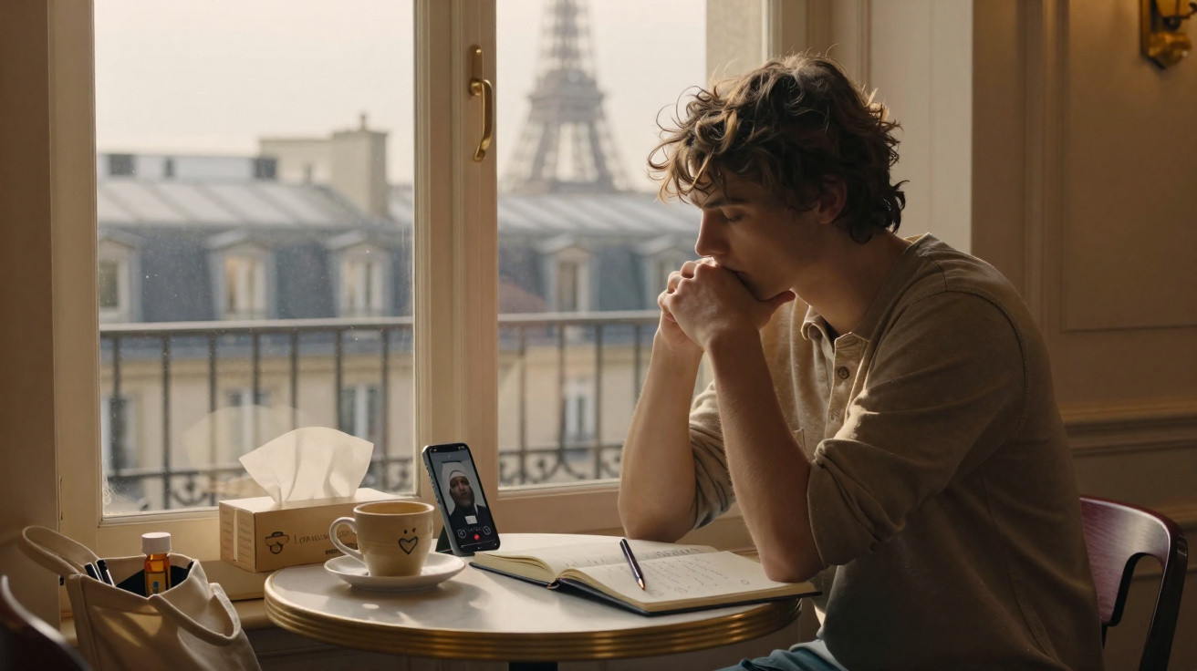 Mulher sentada à mesa a fazer videochamada num café com vista para a Torre Eiffel ao fundo.