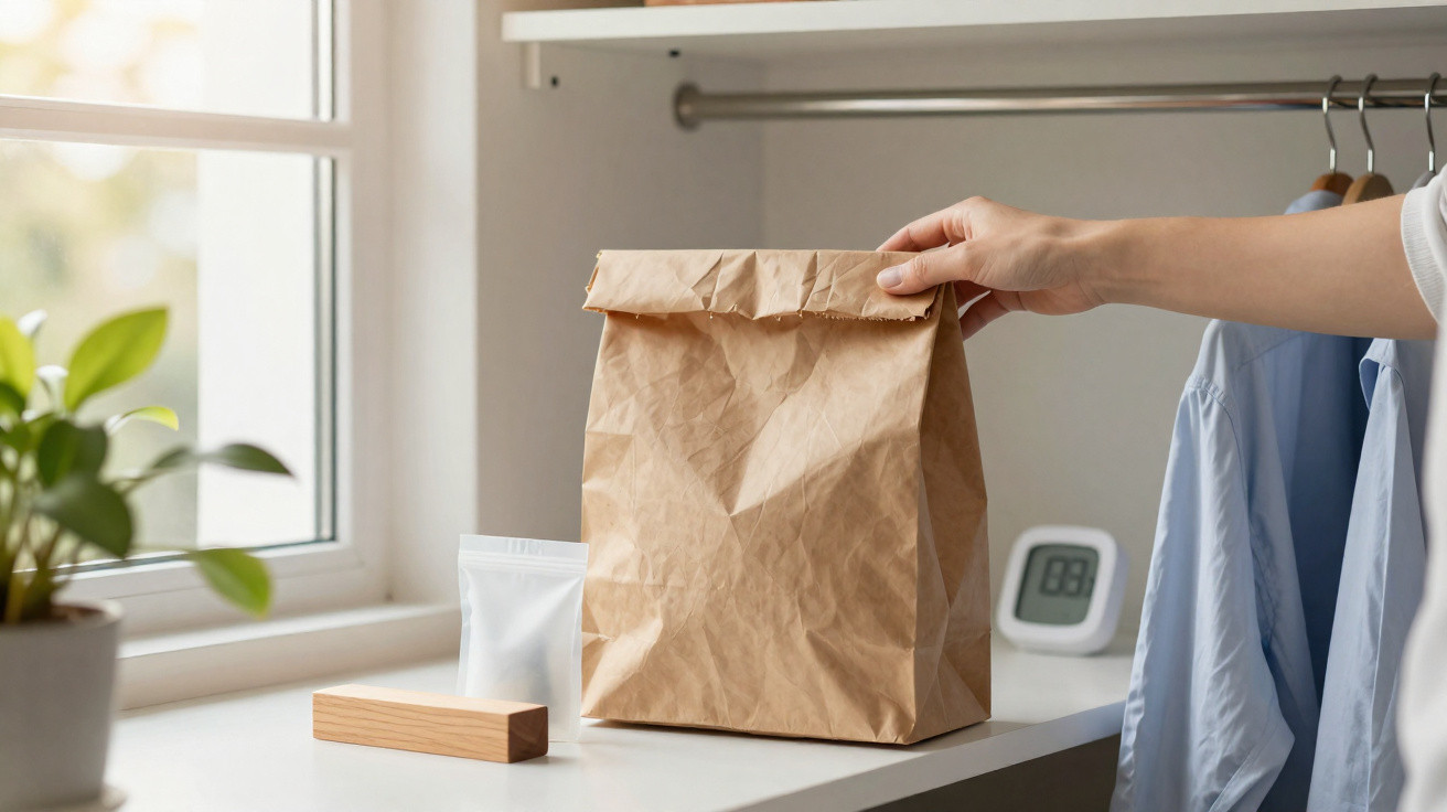 Mão a colocar saco de papel castanho dobrado numa prateleira próxima a embalagens pequenas em armário branco.