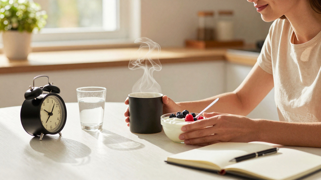 Mulher a tomar pequeno almoço com chá quente, iogurte com frutos vermelhos, e caderno aberto numa mesa com despertador.