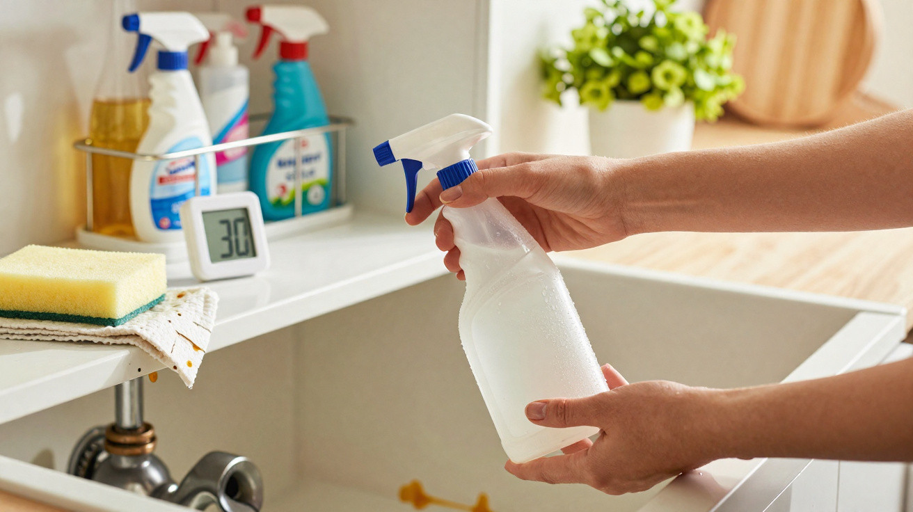 Mão a segurar pulverizador branco perto de pia aberta com produtos de limpeza e um temporizador digital.