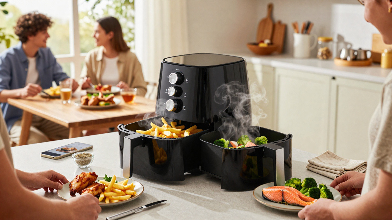 Fritadeira elétrica a vapor com batatas, frango e legumes numa cozinha com pessoas a preparar refeições.