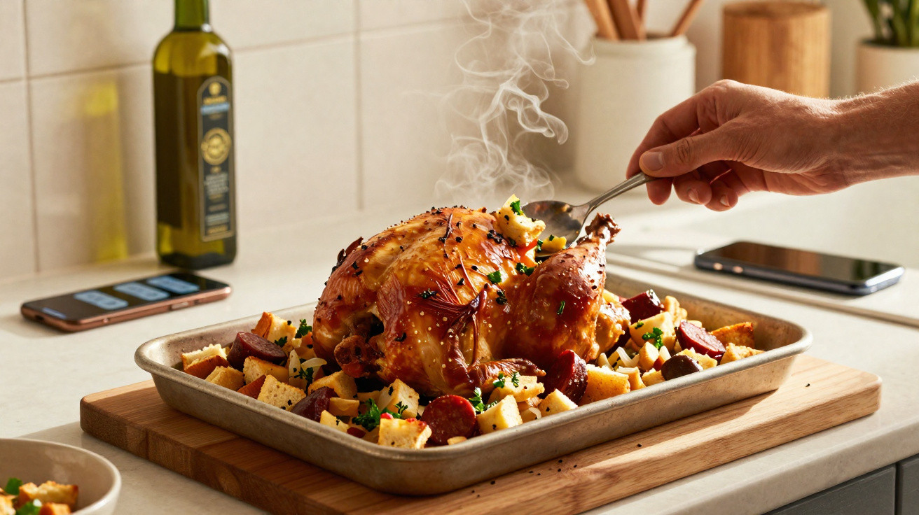 Frango assado fumegante numa travessa com legumes e pão, mão a servir com garfo numa cozinha moderna.