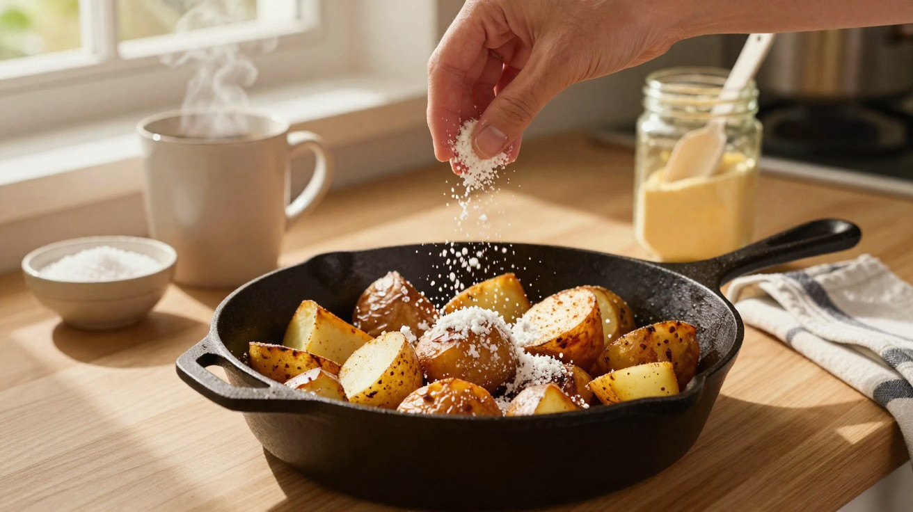 Mão a polvilhar sal sobre batatas assadas em frigideira de ferro numa cozinha iluminada.