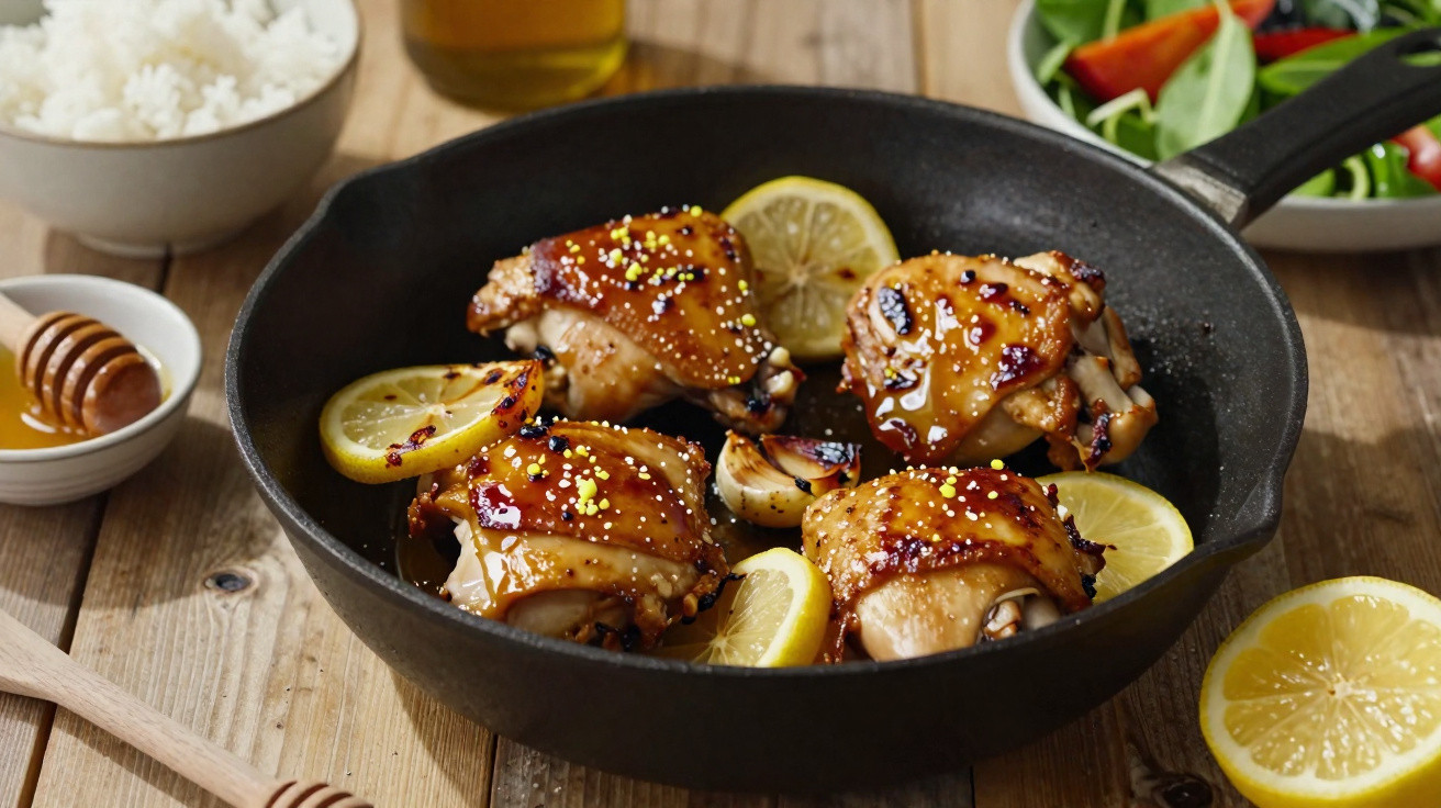 Frango assado com limão e especiarias numa frigideira, acompanhado de arroz e salada fresca.