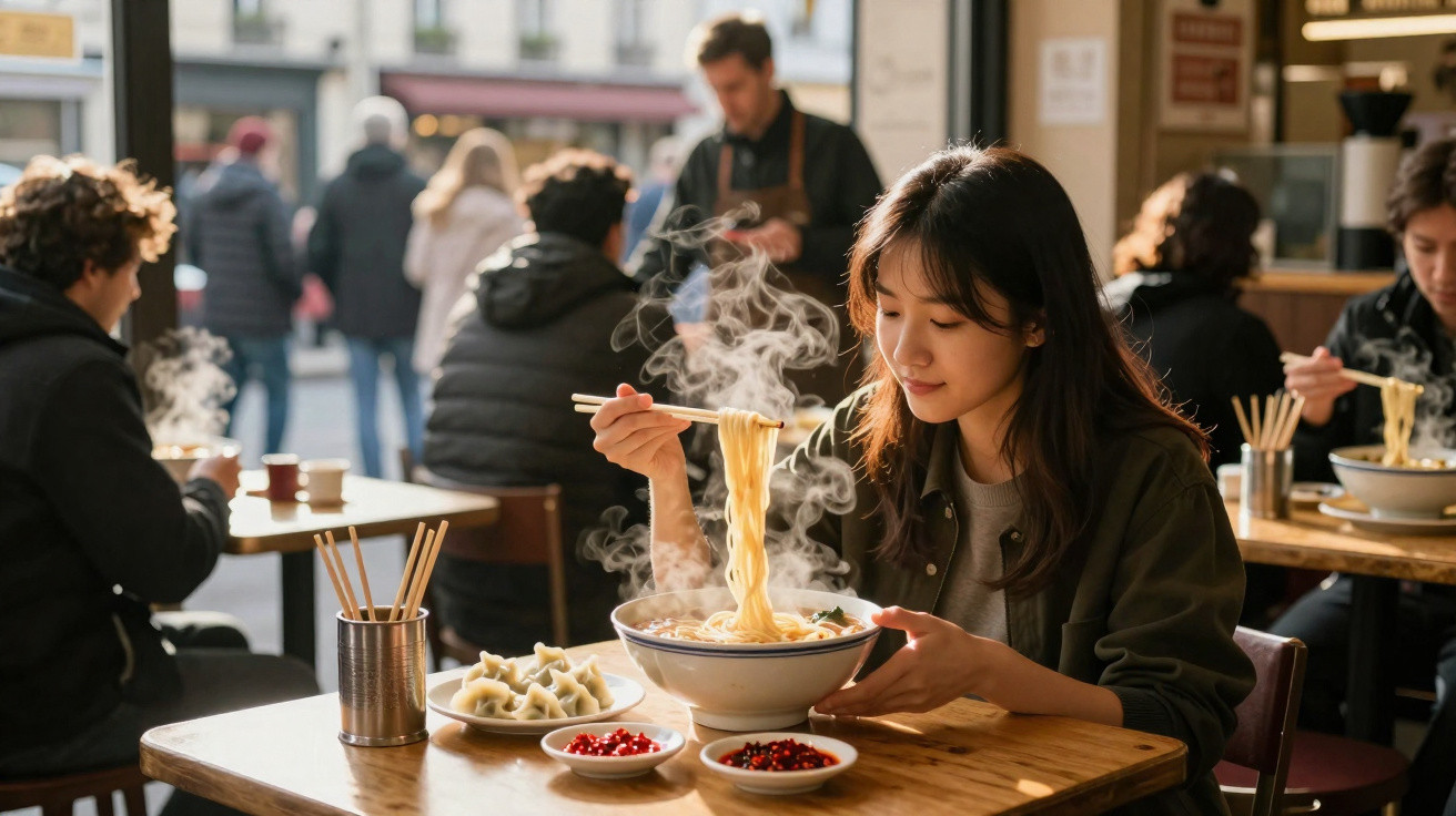 Mulher jovem a comer noodles quentes com pauzinhos num restaurante movimentado com outras pessoas ao fundo.