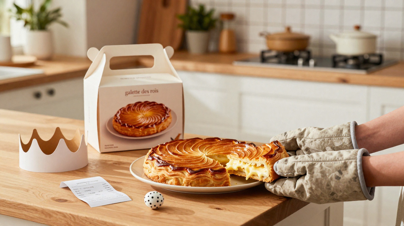 Pessoa a servir fatia de galette des rois numa cozinha com coroa, caixa e bilhete numa bancada de madeira.