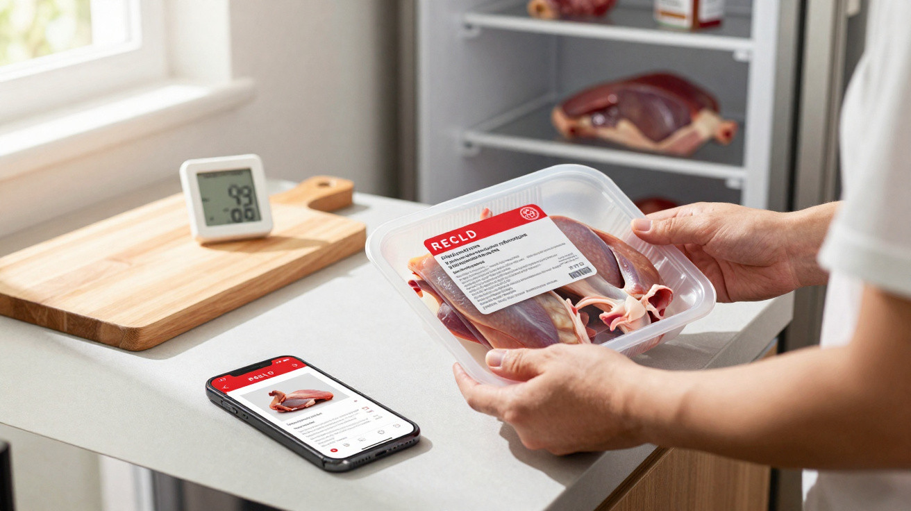 Pessoa a segurar embalagem de carne na cozinha, com smartphone e frigorífico ao fundo.